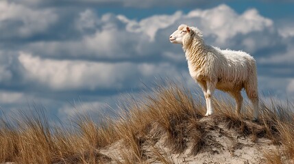 A white sheep stands proudly on a grassy dune against a backdrop of a cloudy blue sky on a sunny day.