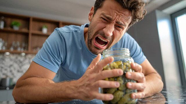 Frustrated man struggling to open a jar of pickles in a modern kitchen, showcasing the challenge of stubborn lids and the determination to enjoy a favorite snack experience