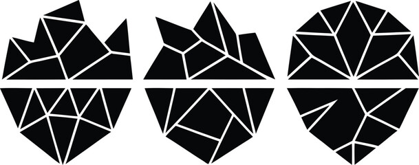 Fototapeta premium Vector art of three geometric abstract icebergs with reflections, isolated on a white background.