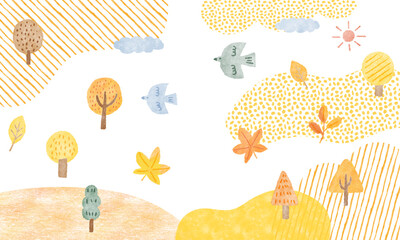 秋の紅葉と小鳥のいる風景イラスト