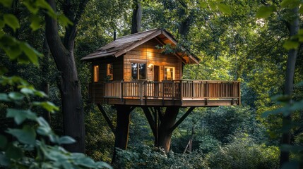 Cozy illuminated treehouse nestled among lush green foliage in a dense forest setting