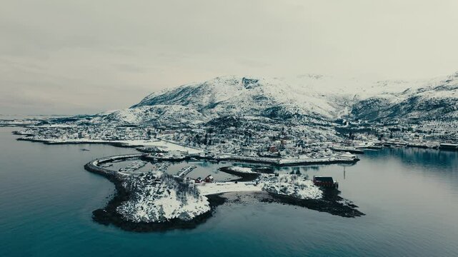 Lodingen Village And Marina During Winter In Nordland, Norway. - aerial shot