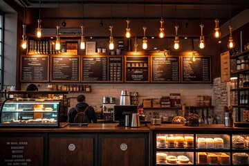 Naklejka premium Cozy coffee shop interior with warm lighting, showcasing a barista serving customers and pastries