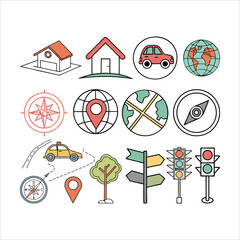Collection of colorful navigation and travel icons, including houses, cars, globes, compasses, and traffic lights