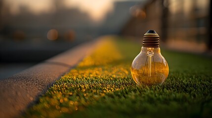 A vibrant lightbulb sits peacefully on green grass with a blurred cityscape in the soft morning light.