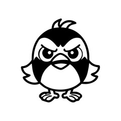 A cartoonish, black and white bird with an angry expression stands tall
