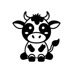 A cute and adorable cartoon cow sitting down in black and white