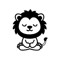 Cute Cartoon Lion Meditating in Lotus Position Black and White Outline