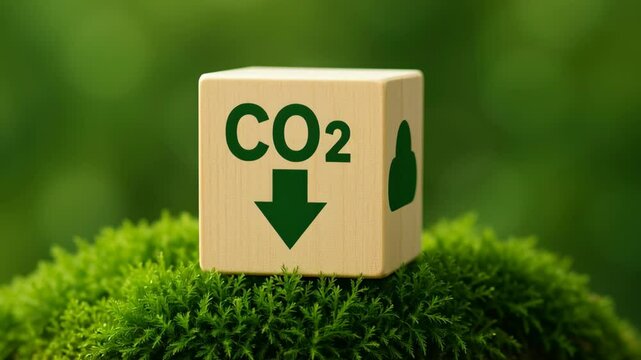 Business carbon credit. Carbon dioxide reduction concept with wooden block arrow and green leaf symbol moss surface representing environmental awareness and carbon footprint