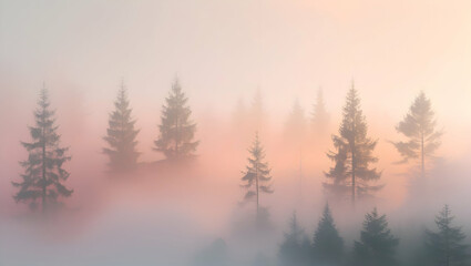 Serene Pine Forest Enveloped in Gentle Morning Mist and Soft Golden Sunrise Hues Creating a Tranquil and Ethereal Landscape Scene