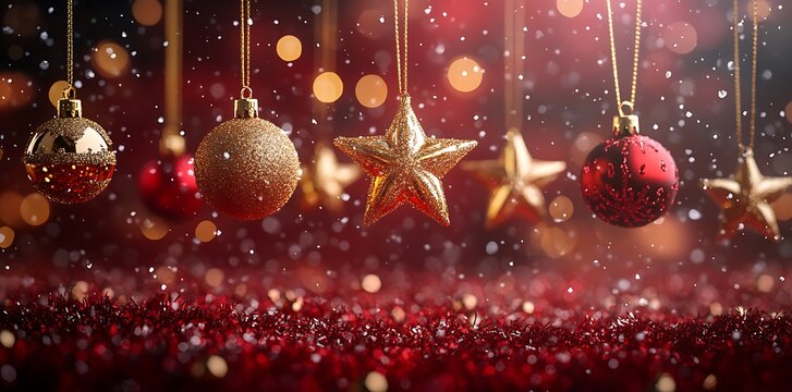 Festive golden stars and red baubles hanging with sparkly tinsel Christmas ornaments - Powered by Adobe