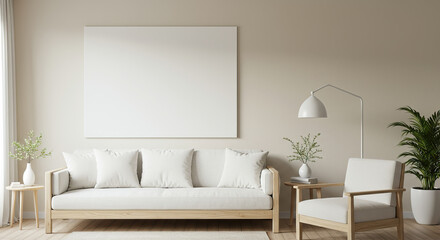 Minimalist living room interior with blank canvas, neutral tones and natural elements