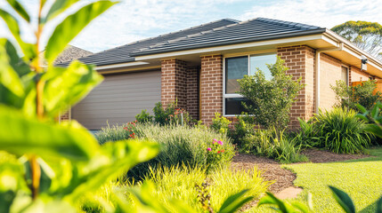 A charming suburban home with Australian architecture, featuring a lush front garden under soft daylight.