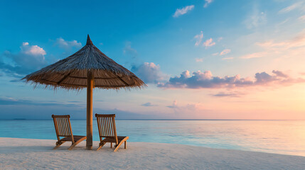 Two Deckchairs Under Parasol In Tropical Beach At Sunset 31932076 1