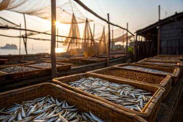 Freshly caught fish drying in woven baskets at a coastal market during sunset