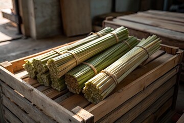 Freshly harvested green stalks neatly bundled and stored in a wooden crate in a rustic setting