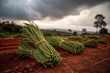 Freshly harvested green vegetables bundled together on a red earth field under a cloudy sky