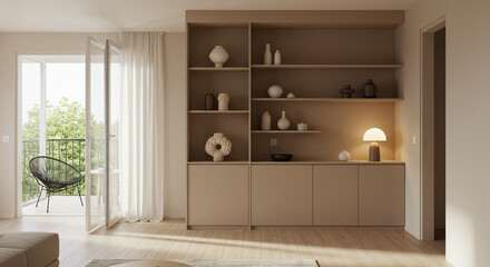 Serene Living Room with Open Balcony, Neutral Tones, and Stylish Decor