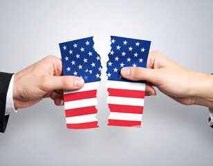 Divided American flag. Two hands holding torn flag