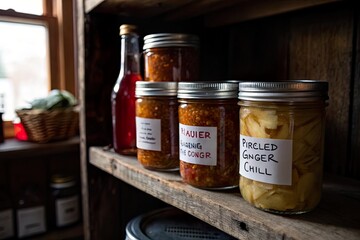 Jars of homemade preserves and pickles on a rustic wooden shelf in a cozy kitchen setting