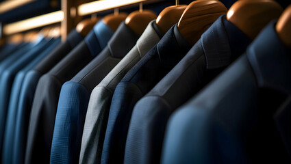 A Diverse Collection of Stylish Men's Suits Hangs Neatly on Wooden Hangers in a Store Display