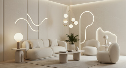 Elegant monochrome living room with ambient lighting and minimalist design elements