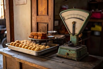 Rustic bakery scene featuring a vintage scale with freshly baked goods on display