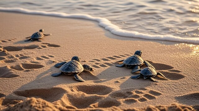 baby turtles walk along the beach towards the sea to swim - Powered by Adobe