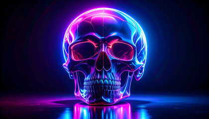 Glowing Neon Skull in Dark Reflective Setting