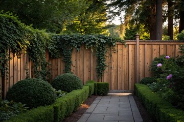 Serene garden pathway bordered by lush greenery and wooden fence under soft evening light