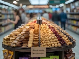 blurry image of snack display racks such as cookies, biscuits, nuts and other snacks in a super market
