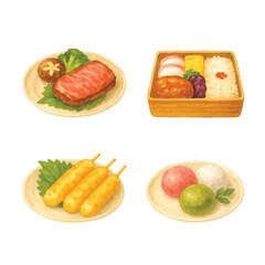 Watercolor Japanese Food Set Vol. 7—Wagyu, Bento, Kiritanpo, Mochi. Watercolor Illustration. Design Element. Clip art. Suitable for artwork design.