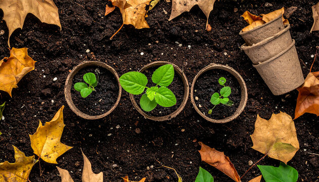 Seedlings growing plants gardening autumn leaves - Powered by Adobe