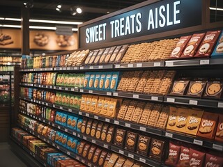 blurry image of snack display racks such as cookies, biscuits, nuts and other snacks in a super market