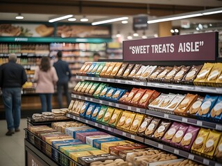 blurry image of snack display racks such as cookies, biscuits, nuts and other snacks in a super market