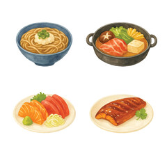 Watercolor Japanese Food Set Vol. 5—Soba, Sukiyaki, Sashimi, Baked Unagi. Watercolor Illustration. Design Element. Clip art. Suitable for artwork design.