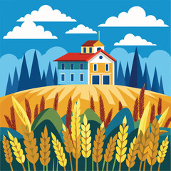 landscape with wheat field and house