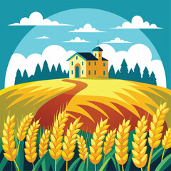 landscape with wheat field and blue sky