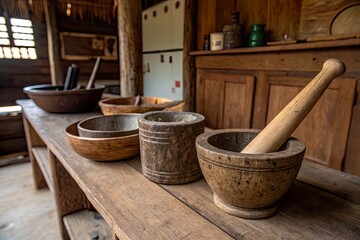 Traditional kitchen scene with wooden bowls and mortar on a rustic table, showcasing culinary tools