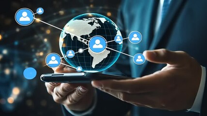 Businessman holding smartphone with global network connections and digital user icons in background - Powered by Adobe
