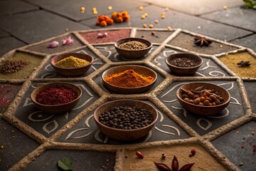 Vibrant display of spices arranged in decorative bowls on a colorful patterned surface