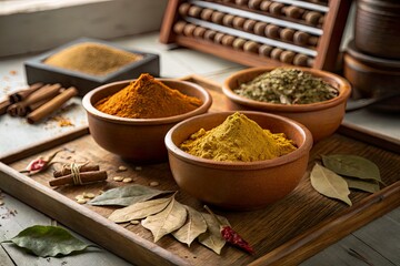 Vibrant display of spices in rustic bowls on a wooden tray with herbs and cinnamon sticks