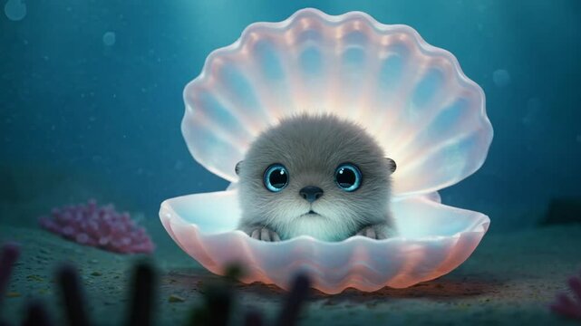 Cute otter pup inside a glowing shell underwater scene