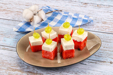 Watermelon with feta and grape
