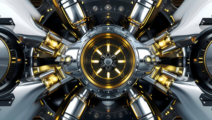 Intricate Sci Fi Mechanical Orb Chamber with Gleaming Golden Accents and Polished Metallic Surfaces Creating a Complex Futuristic Core Structure