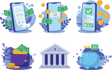 Mobile banking, online payment, money transfer, finance app illustration, digital wallet, savings, piggy bank, financial technology concept vector