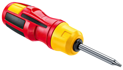 Close up of a red and yellow screwdriver on transparent background