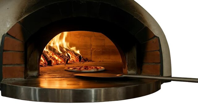 Loopable Animation Of Pizza In Glowing Wood Fired Brick Oven With Metal Peel Rendered On Transparent Background Perfect For Pizzeria Decoration
