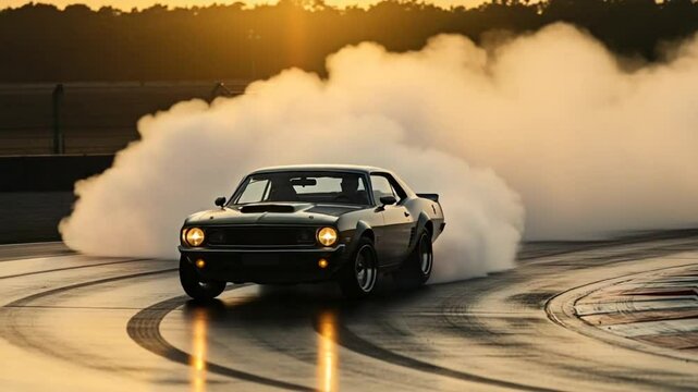 Classic car drifting on wet track at sunset