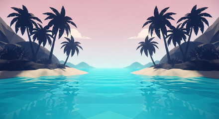 Obraz premium Low Poly Tropical Island Scene with Palm Trees Turquoise Water and Pink Sky.